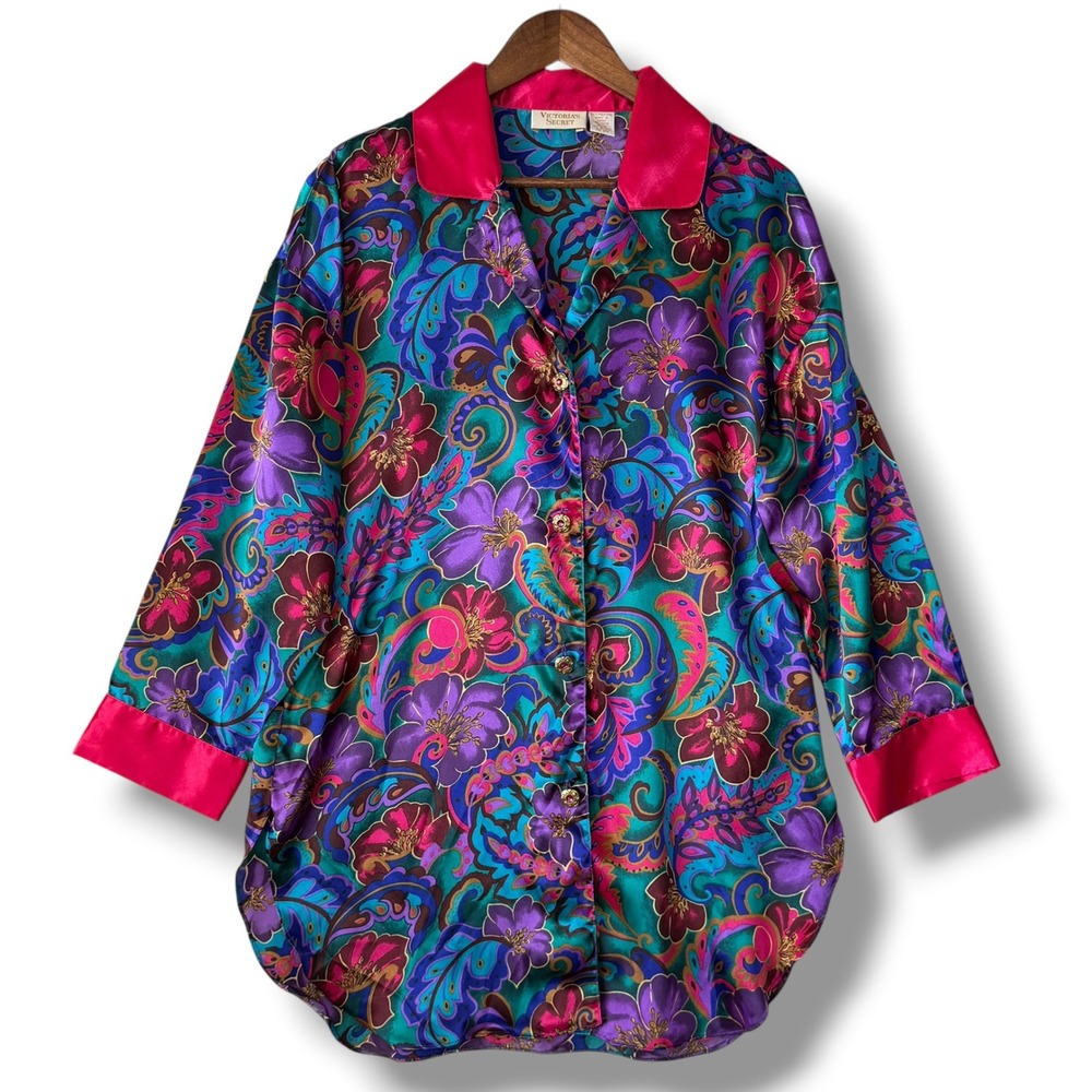 Vintage Victoria Secret Satin Sleep Shirt Nightgown S Floral Jeweled Buttons 90s